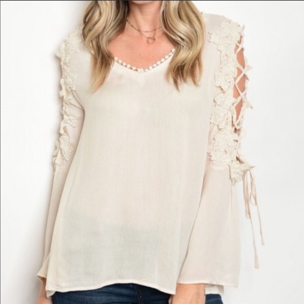 SOLD NWOT Corset Sleeve Ivory Crepe Blouse - Picture 2 of 8